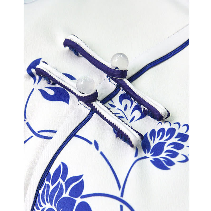 Robe Qipao pour femme en porcelaine bleue et blanche avec motif de fleurs de pivoine et pierres de Buddha Stones - image 10