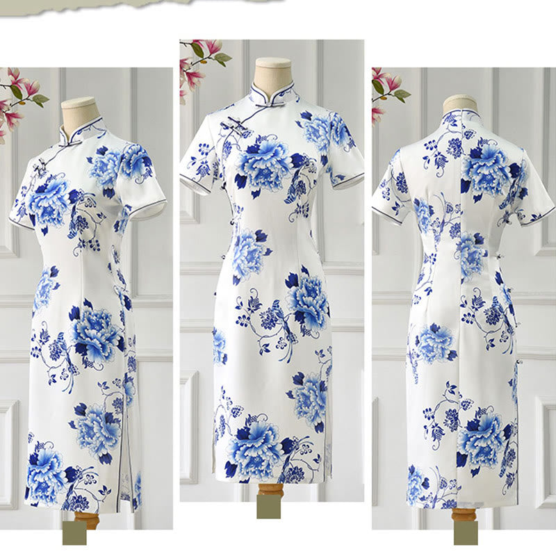 Robe Qipao pour femme en porcelaine bleue et blanche avec motif de fleurs de pivoine et pierres de Buddha Stones - image 13