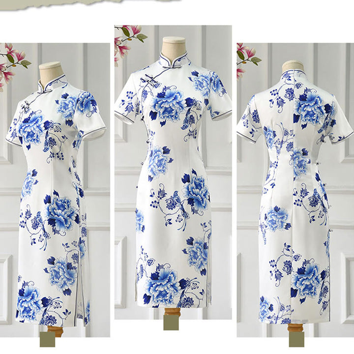 Robe Qipao pour femme en porcelaine bleue et blanche avec motif de fleurs de pivoine et pierres de Buddha Stones - image 13