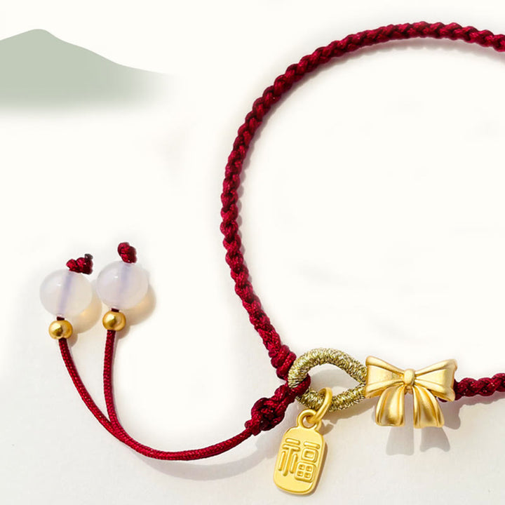 Bracelet en corde rouge fait à la main avec Buddha Stones en forme de rosette en forme de nœud papillon et de caractère Fu, porte-bonheur et fortune