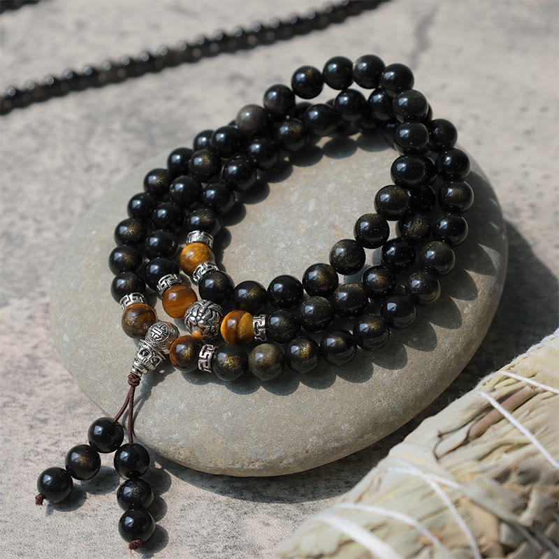 Collier Bracelet Énergie Obsidienne Dorée