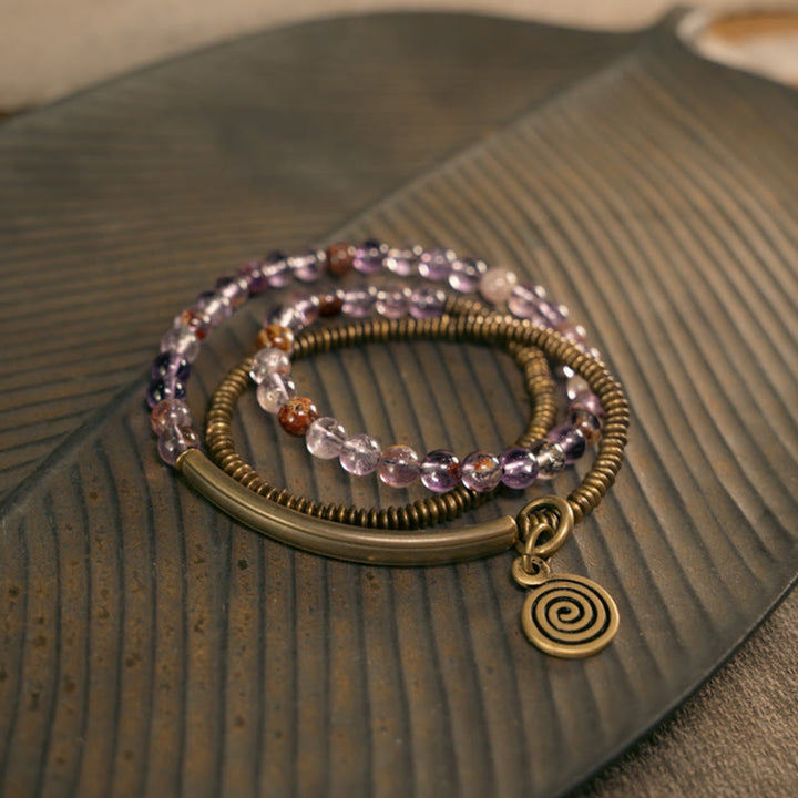 Bracelet en cuivre Love Forgive Buddha Stones quartz hématoïde rouge fantôme violet et quartz rutile vert