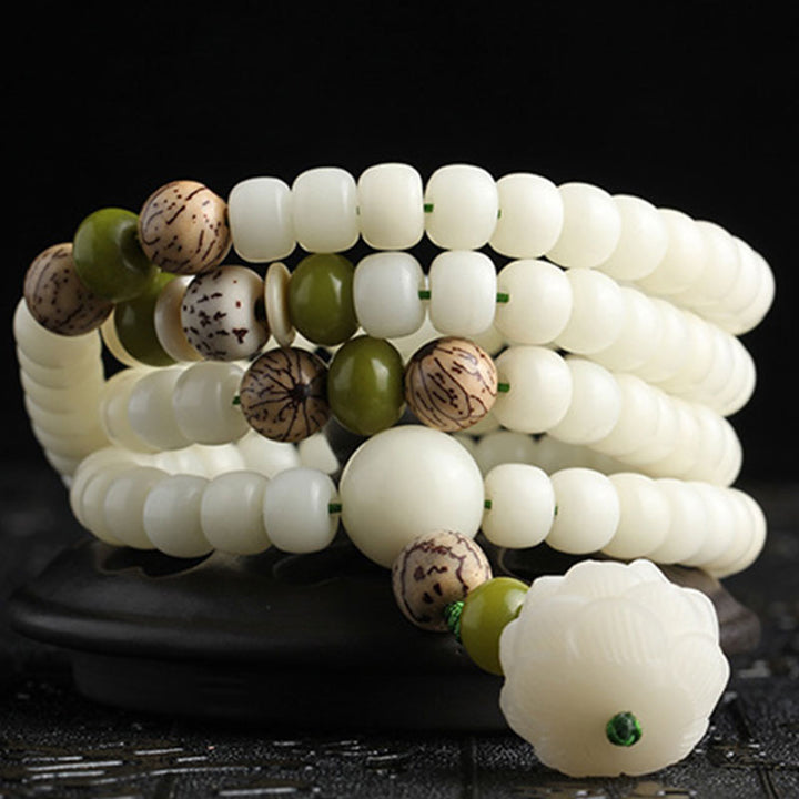 Buddha Stones Jade blanc Bodhi Lotus Mala Collier Harmonie Bracelet - image 12