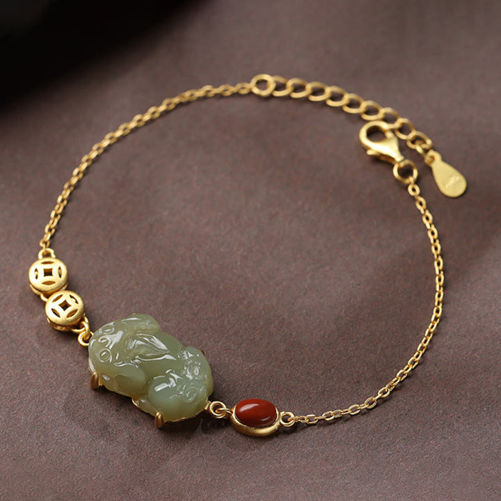 Bracelet chaîne de réussite en jade cyan PiXiu avec pièce de cuivre et agate rouge