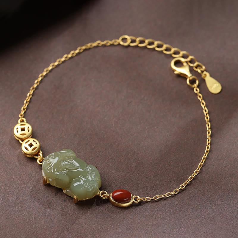 Bracelet chaîne de réussite en jade cyan PiXiu avec pièce de cuivre et agate rouge