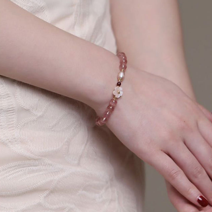 Bracelet d'amour en quartz fraise et fleur de pêcher Buddha Stones