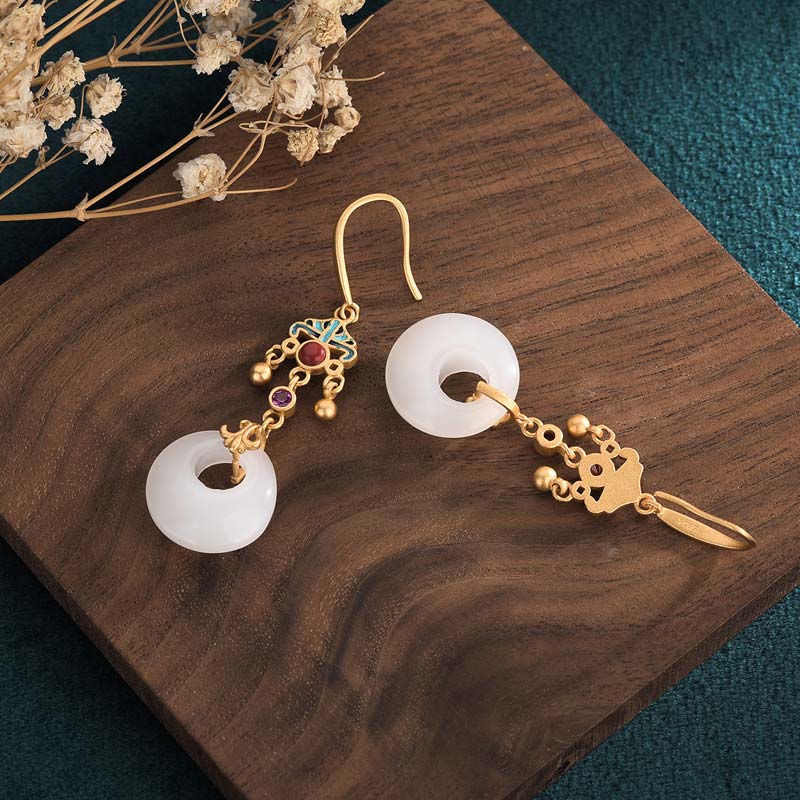 Boucles d'oreilles pendantes Feng Shui en jade blanc