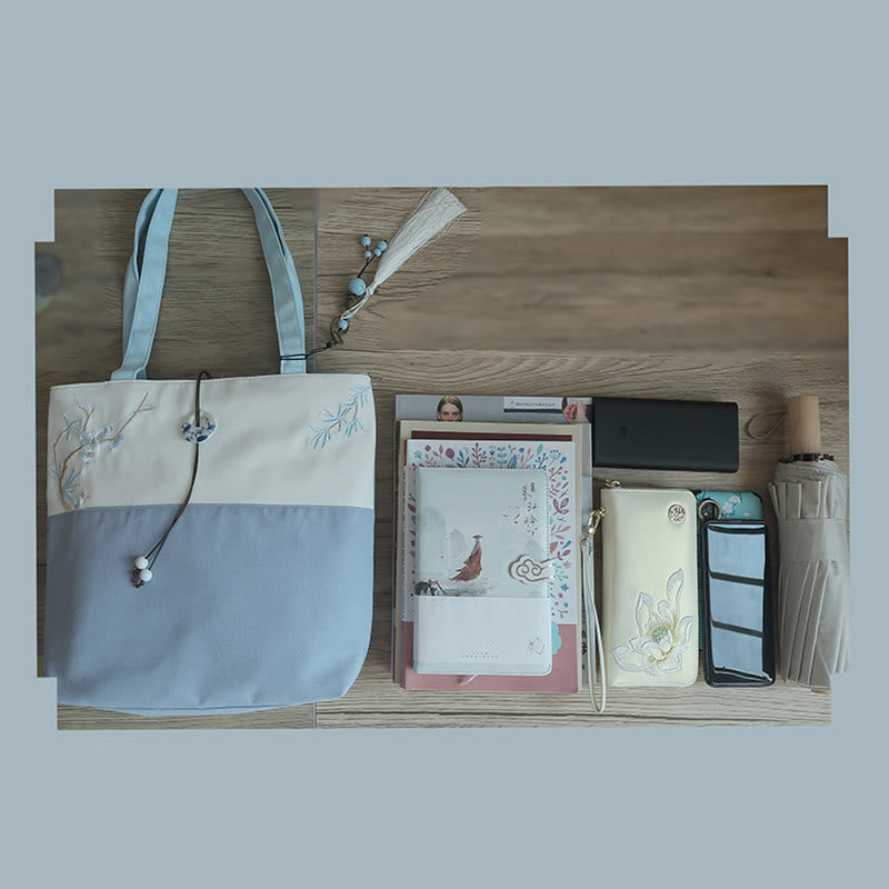 Sac à bandoulière en toile brodée de bambou avec fleur de poire, prunier, fleur de pêcher, grande capacité, sac fourre-tout