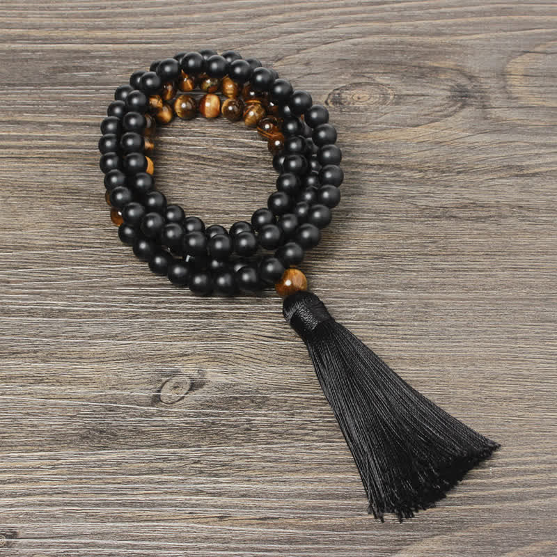 Collier pendentif porte-bonheur en onyx noir et œil de tigre avec Buddha Stones