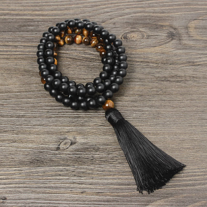 Collier pendentif porte-bonheur en onyx noir et œil de tigre avec Buddha Stones