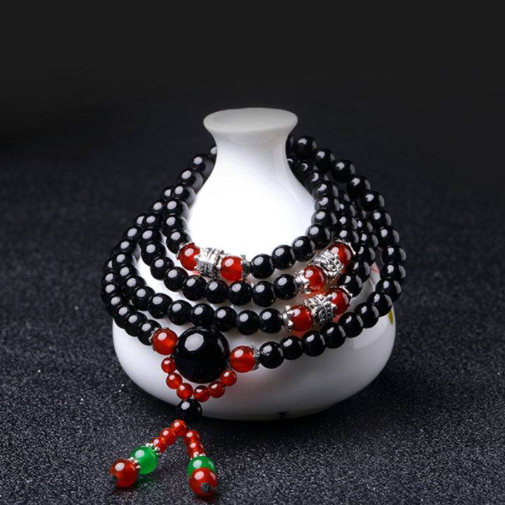 Bracelet Mala 108 perles en obsidienne noire naturelle œil de tigre Buddha Stones