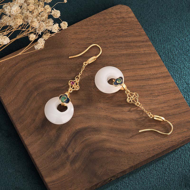 Boucles d'oreilles pendantes Feng Shui en jade blanc
