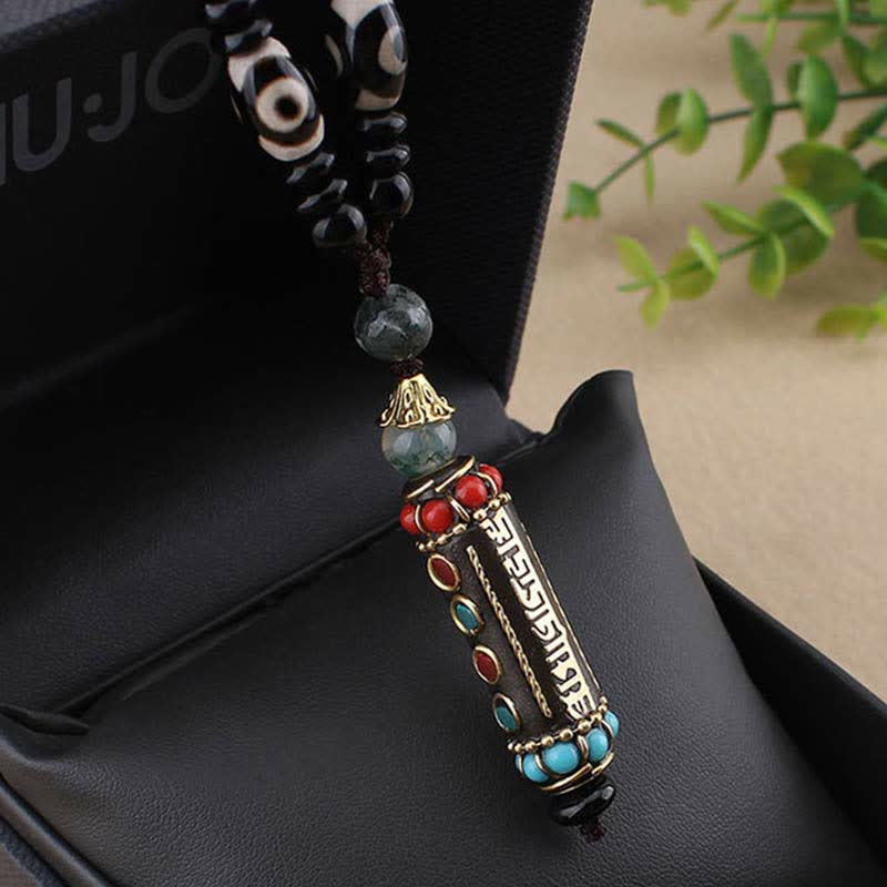 Buddha Stones tibétain Om Mani Padme Hum Dzi perle wengé bois collier pendentif