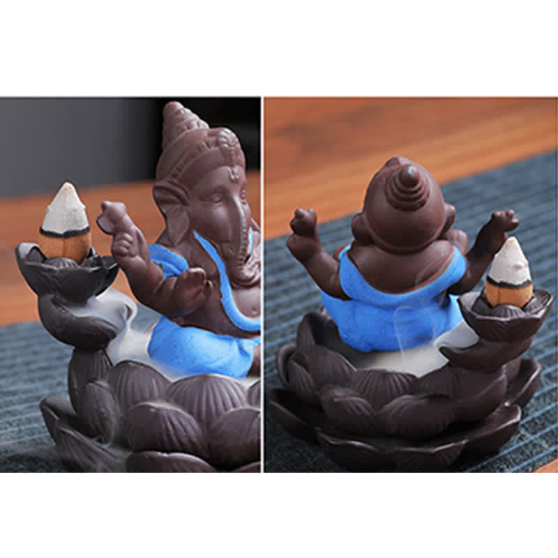 Brûleur d'encens à reflux en argile violette avec protection contre la fumée de l'éléphant Ganesh