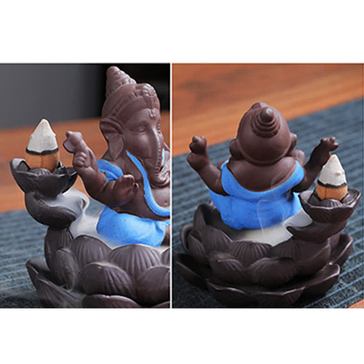 Brûleur d'encens à reflux en argile violette avec protection contre la fumée de l'éléphant Ganesh