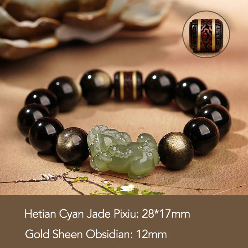 Bracelet de richesse PiXiu en jade cyan Hetian en obsidienne naturelle et dorée avec Buddha Stones