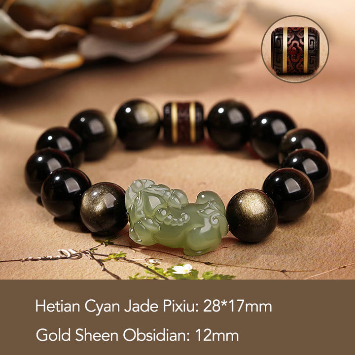 Bracelet de richesse PiXiu en jade cyan Hetian en obsidienne naturelle et dorée avec Buddha Stones