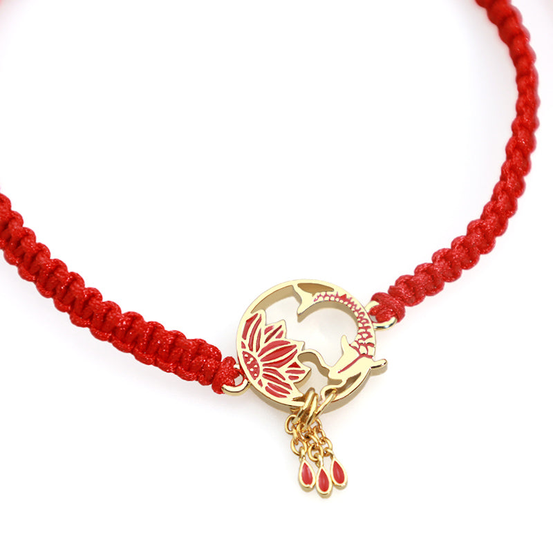 Bracelet tibétain en fil rouge porte-bonheur fait main avec Buddha Stones et poisson koi