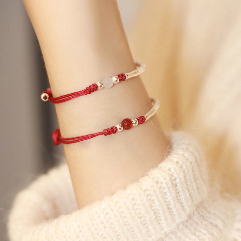 Bracelet tressé en argent sterling 925 avec perles d'agate blanche et d'agate rouge en bambou et pierres de Buddha Stones