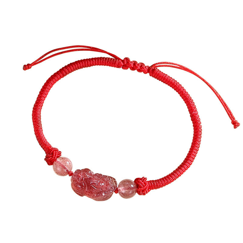 Bracelet tressé de protection PiXiu en obsidienne naturelle argentée et brillante faite à la main avec des Buddha Stones - Quartz fraise (Amour ♥ Guérison) (Taille du bracelet 22-24 cm) - image 7