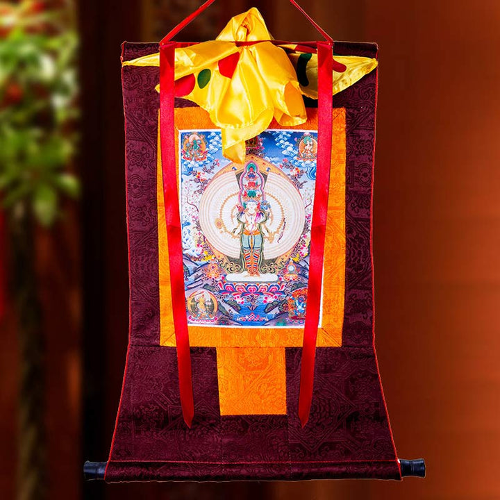 Décoration de bénédiction en forme de Thangka encadrée en Buddha Stones tibétaines à mille mains Avalokitesvara - image 2