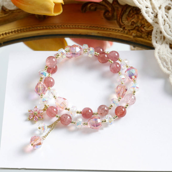 Bracelet double tour de guérison en quartz fraise et zircon en forme de fleur de Buddha Stones