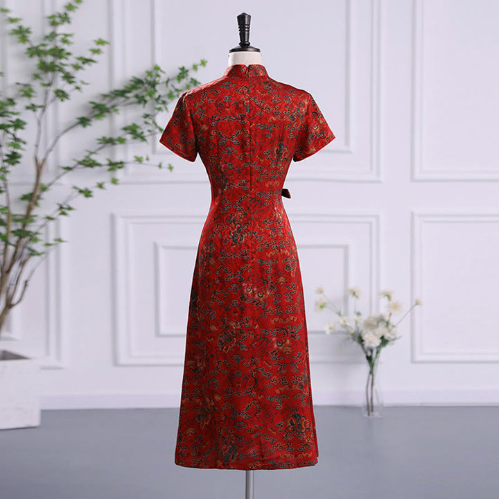Robe Qipao pour femme avec imprimé feuilles et nuages de bon augure vintage et Buddha Stones