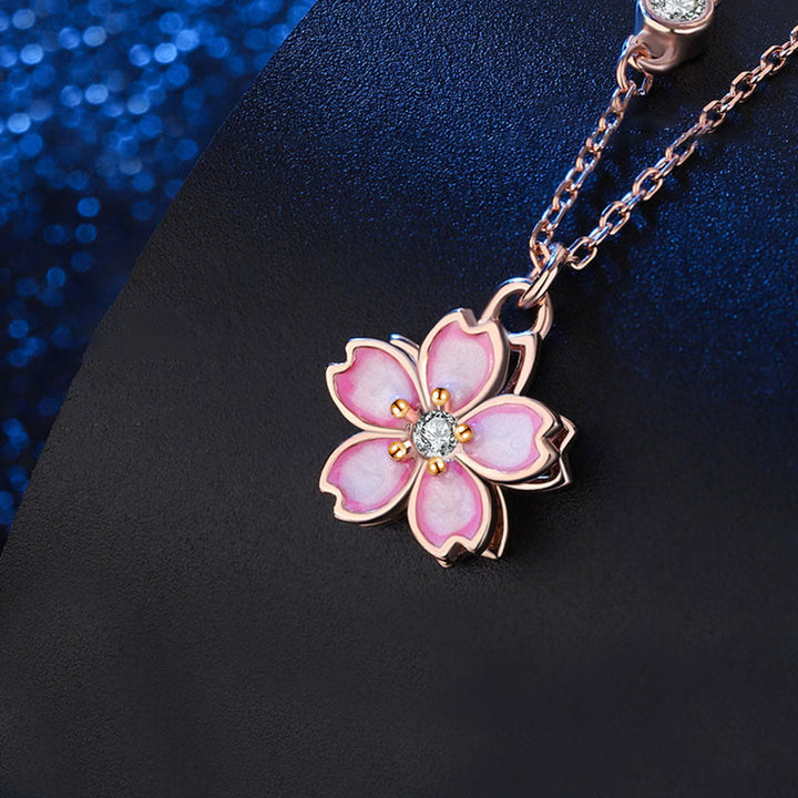 Collier avec pendentif rotatif en argent sterling 925 en forme de fleur de cerisier avec Buddha Stones