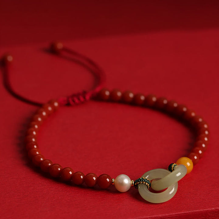 Bracelet de confiance à double boucle de paix en agate rouge naturelle et jade Hetian de Buddha Stones
