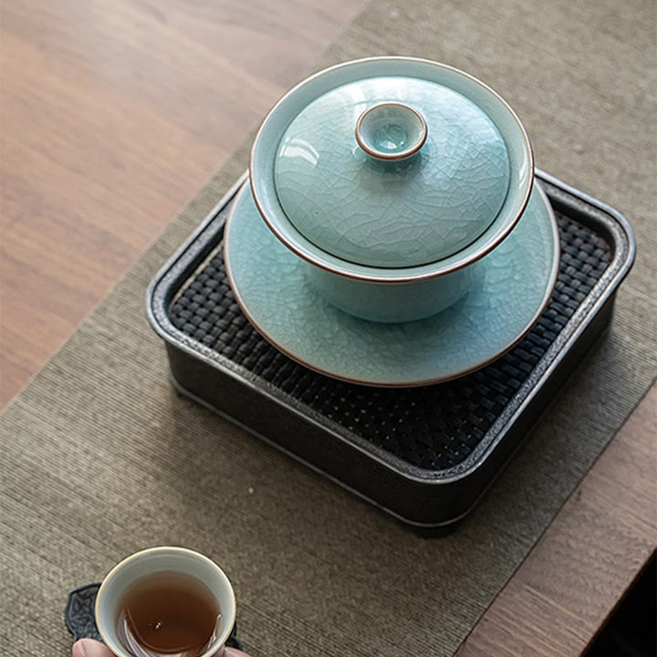 Tasse à thé et soucoupe en céramique avec couvercle en forme de Buddha Stones, style rétro, vert glacé, Gaiwan, Sancai