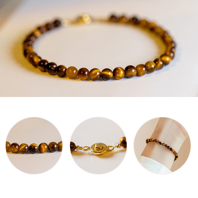 Bracelet de protection courageux en pierre naturelle œil de tigre plaqué or 14 carats de Buddha Stones