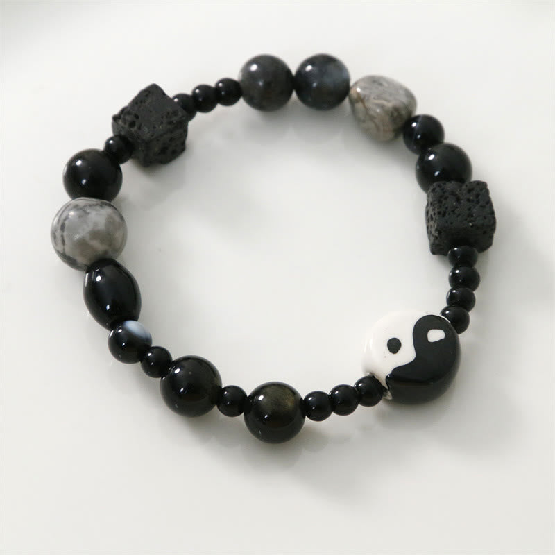 Bracelet de protection de la fortune Yin Yang en perles de jaspe Picasso et onyx noir Buddha Stones