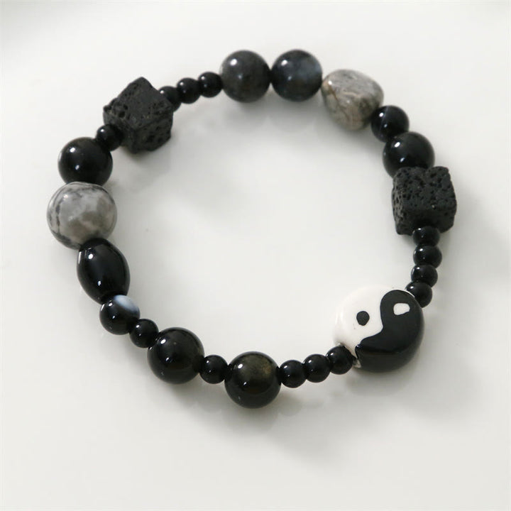 Bracelet de protection de la fortune Yin Yang en perles de jaspe Picasso et onyx noir Buddha Stones