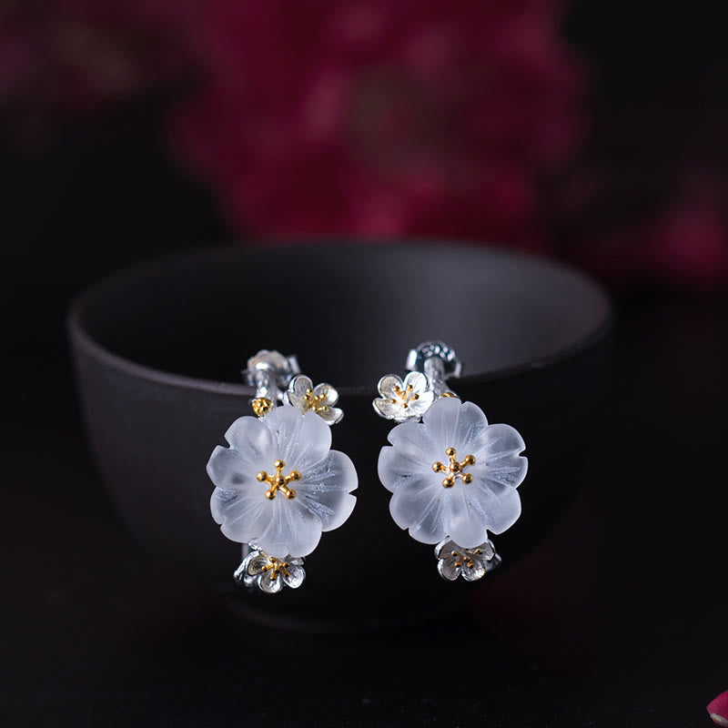Boucles d'oreilles en argent sterling 925 Buddha Stones et fleurs de prunier