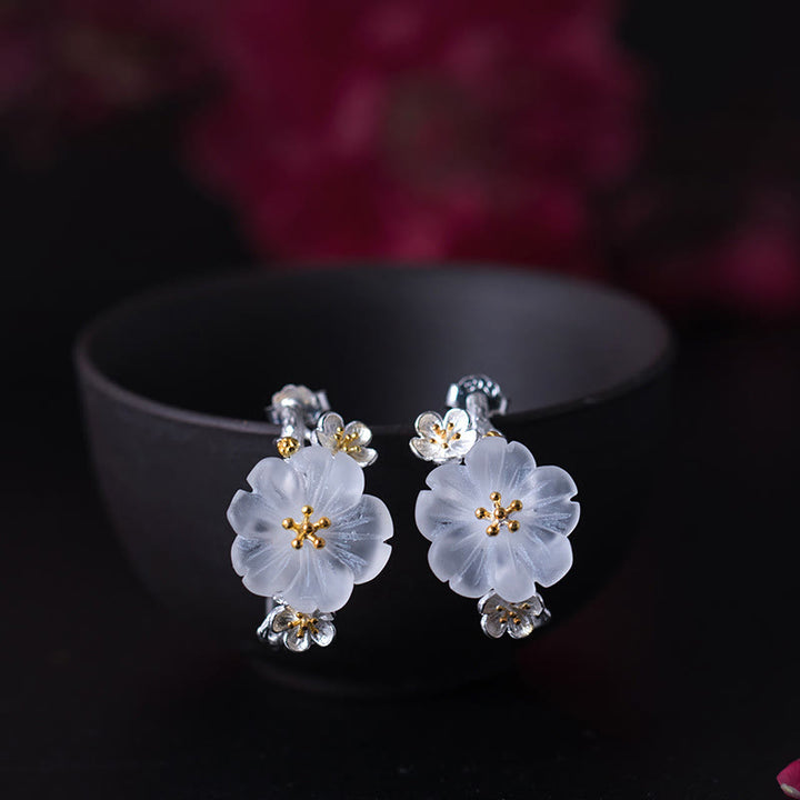 Boucles d'oreilles en argent sterling 925 Buddha Stones et fleurs de prunier
