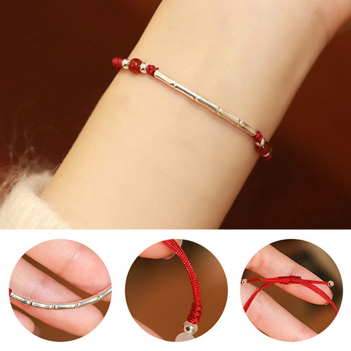 Bracelet tressé en argent sterling 925 avec perles d'agate blanche et d'agate rouge en bambou et pierres de Buddha Stones