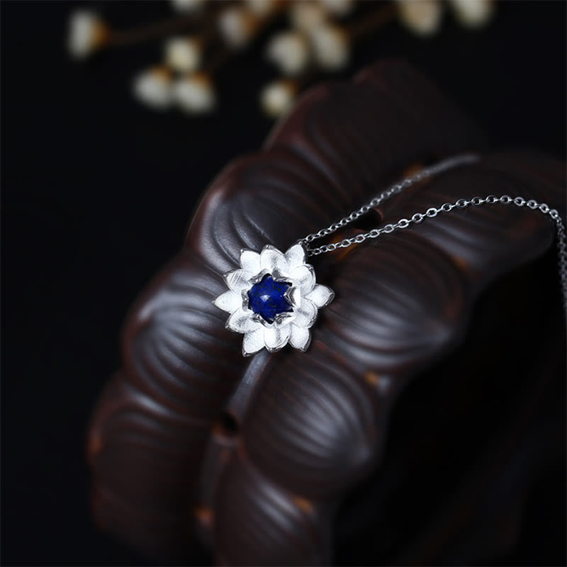 Collier pendentif fleur de lotus en argent sterling 925 avec Buddha Stones et lazurite