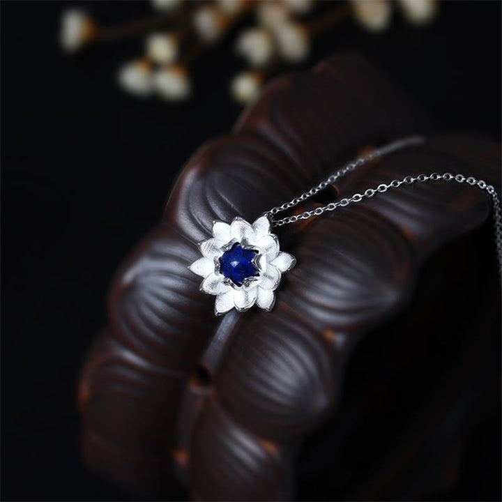Collier pendentif fleur de lotus en argent sterling 925 avec Buddha Stones et lazurite