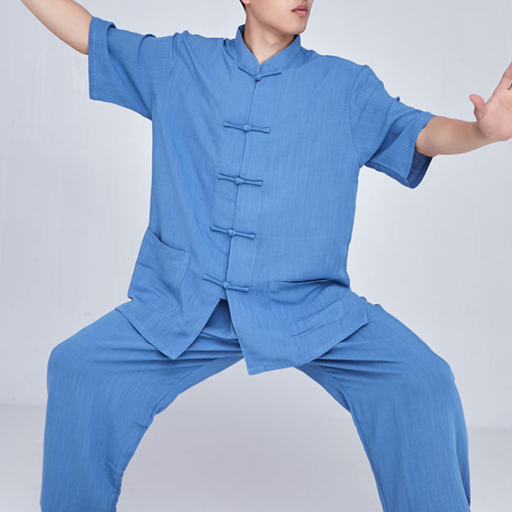 Ensemble de vêtements unisexe brodés Buddha Stones, méditation, prière zen, Tai Chi spirituel, Qigong - Manches courtes bleues - US14，UK/AU18，EU46 (3XL) - image 31