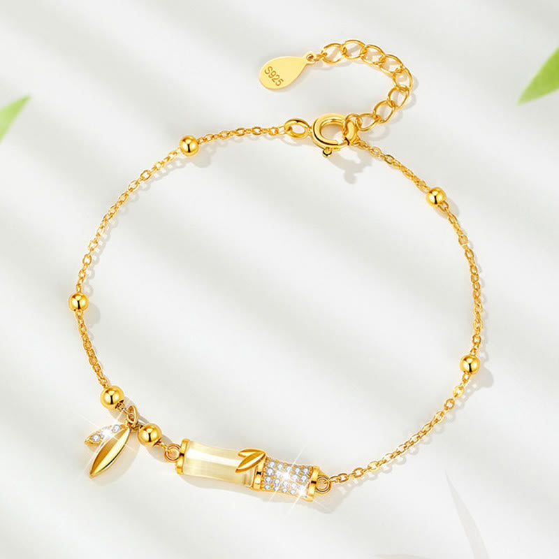 Bracelet porte - bonheur en argent sterling 925 plaqué or 18 carats avec jade blanc et bambou et zircon