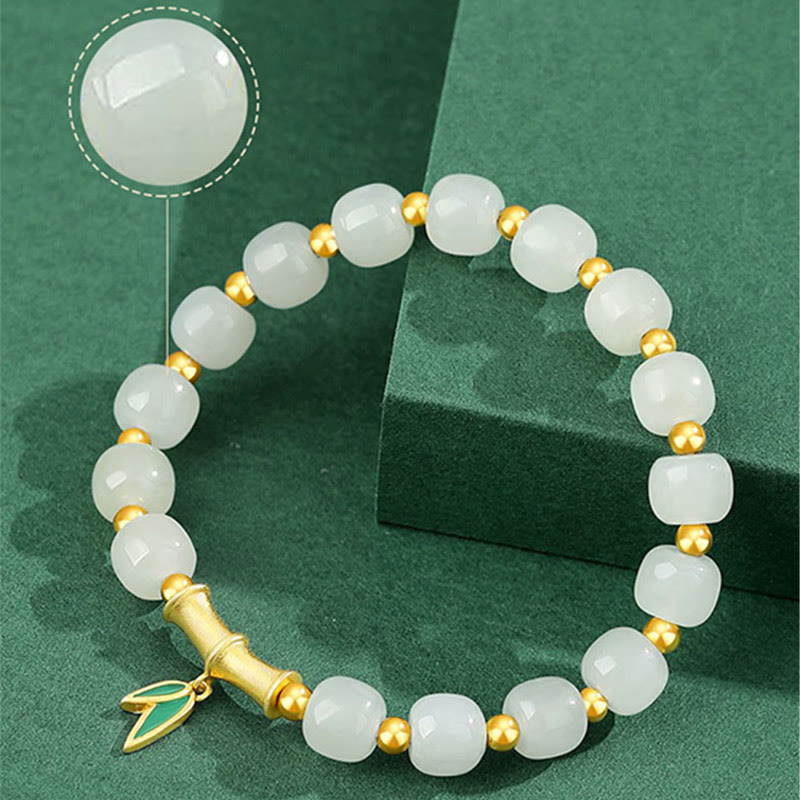 Bracelet porte-bonheur en argent sterling 925 et jade blanc Hetian en bambou Buddha Stones