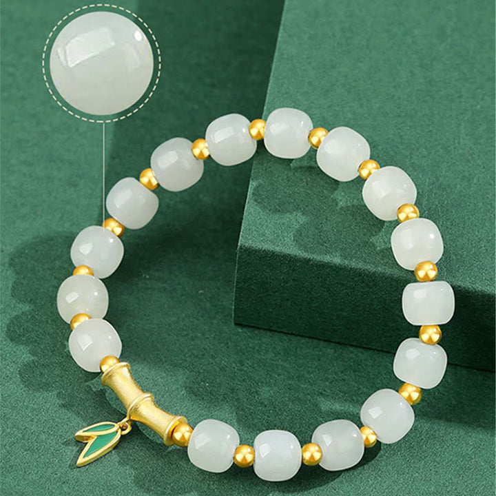 Bracelet porte-bonheur en argent sterling 925 et jade blanc Hetian en bambou Buddha Stones