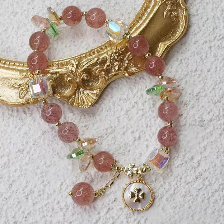 Bracelet porte-bonheur en quartz fraise et trèfle à quatre feuilles avec breloque de guérison et Buddha Stones