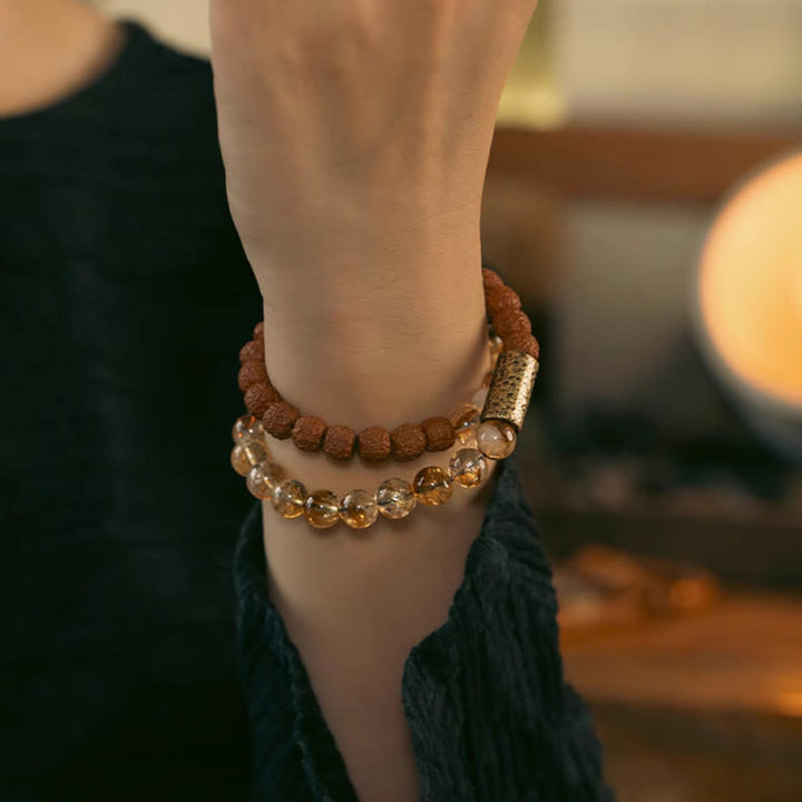 Bracelet double tour en Buddha Stones et Rudraksha Bodhi Seed
