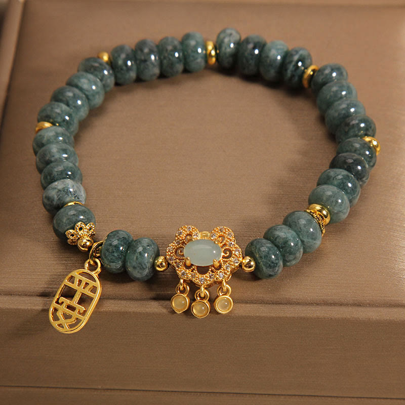 Bracelet en Buddha Stones en jade naturel avec breloque en forme de cadenas chinois, paix, chance et abondance