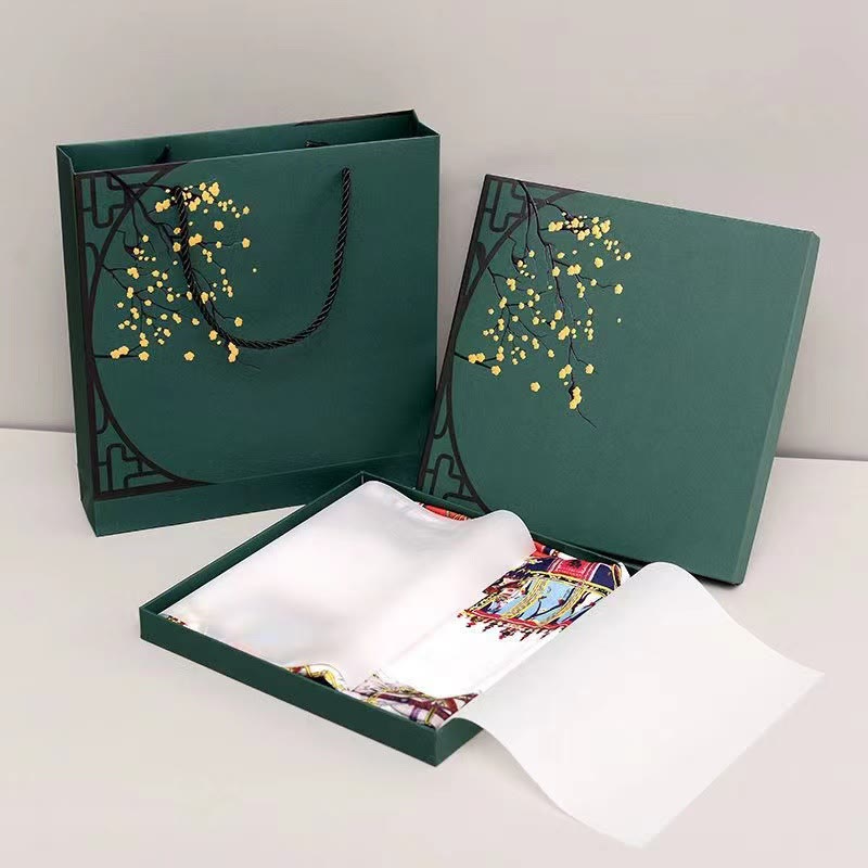 Foulard pour cheveux en soie de mûrier 100 % Buddha Stones et peinture à l'huile sur la ville, scène de neige, château, lotus - image 14