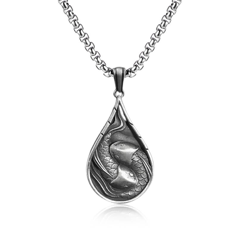 Collier pendentif en forme de goutte d'eau en étain pur avec double poisson porte-bonheur Koi et Buddha Stones - Pendentif et chaîne commune en forme de poisson koï - image 3