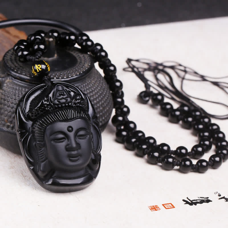 Collier avec pendentif en obsidienne noire naturelle en Buddha Stones Kwan Yin Avalokitesvara - Obsidienne noire (Purification♥Transformation) - image 1