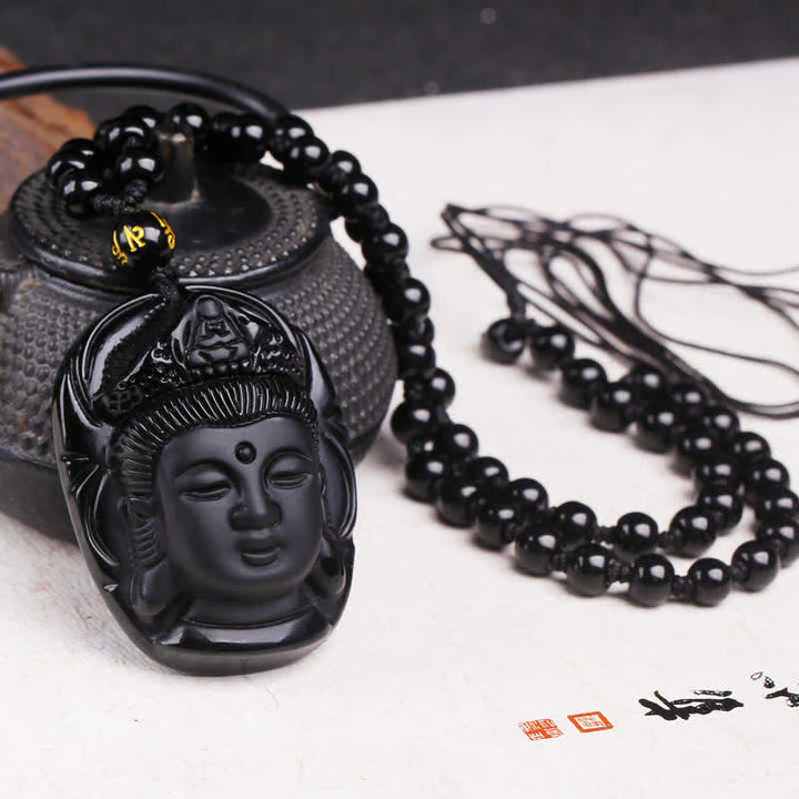 Collier avec pendentif en obsidienne noire naturelle en Buddha Stones Kwan Yin Avalokitesvara - Obsidienne noire (Purification♥Transformation) - image 1