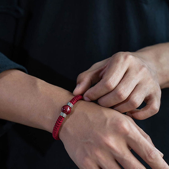 Bracelet en argent sterling 925 avec perles de cinabre naturelles et Buddha Stones, fait à la main, tressé et calme